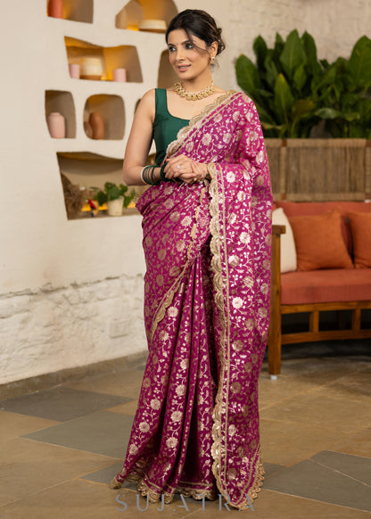 Exquisite Magenta Floral Banarasi Saree Highlighted With Beautiful Scalloped Lace