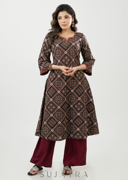 Stylish Black Ajrak Cotton A Line Kurta With Stone Highlights Along Neck - Palazzo Optional