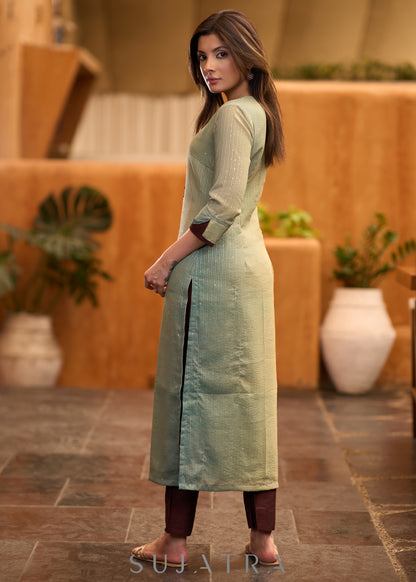 Elegant green Shaded kurta with contrast brown detaling Pant optional