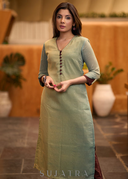 Elegant green Shaded kurta with contrast brown detaling Pant optional