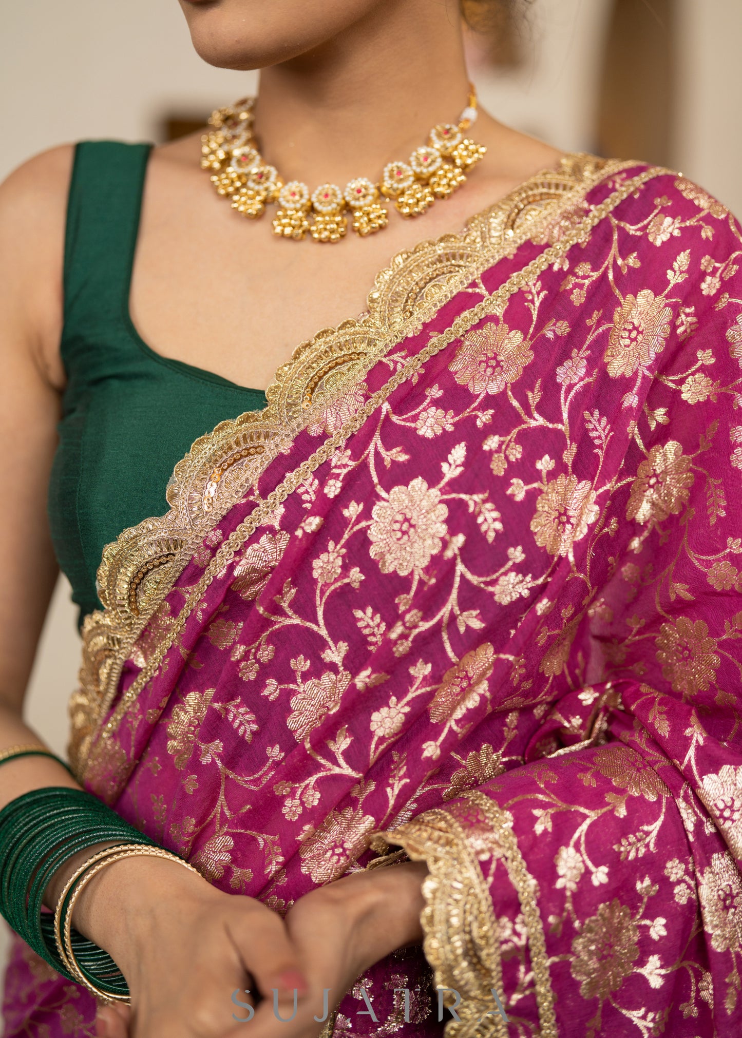 Exquisite Magenta Floral Banarasi Saree Highlighted With Beautiful Scalloped Lace