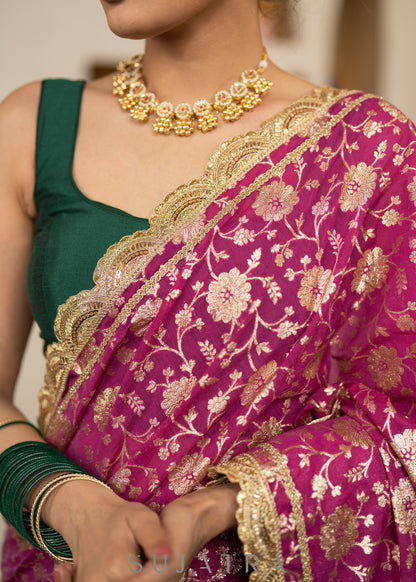 Exquisite Magenta Floral Banarasi Saree Highlighted With Beautiful Scalloped Lace