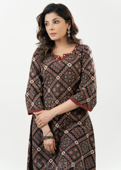 Stylish Black Ajrak Cotton A Line Kurta With Stone Highlights Along Neck - Palazzo Optional