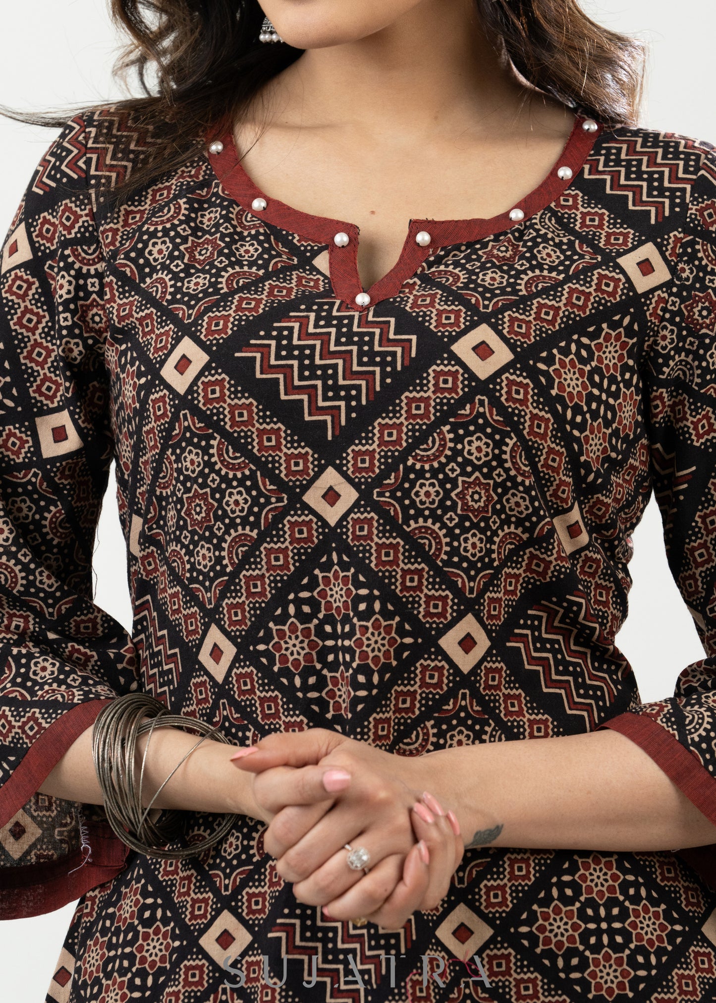 Stylish Black Ajrak Cotton A Line Kurta With Stone Highlights Along Neck - Palazzo Optional