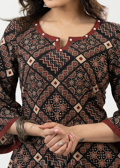 Stylish Black Ajrak Cotton A Line Kurta With Stone Highlights Along Neck - Palazzo Optional