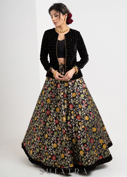Gorgeous Black Hand Embroidered Velvet & Brocade Combination Lehnga with Jacket