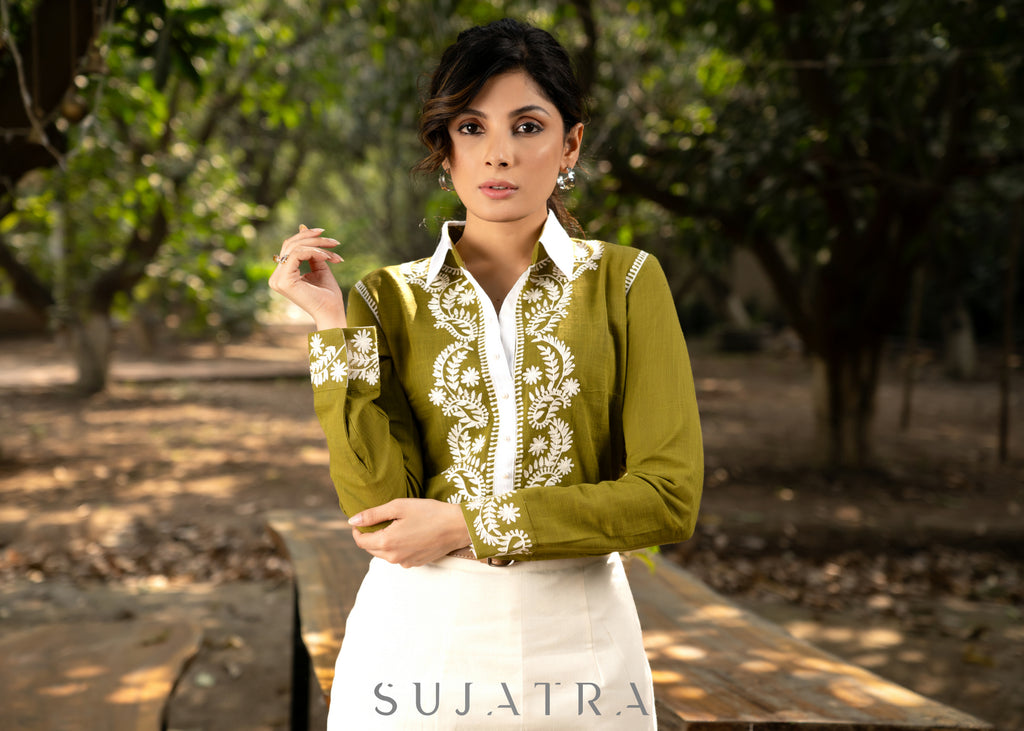 Trendy Moss Green Cotton Embroidered Shirtwith Chikankari Inspired Embroidery