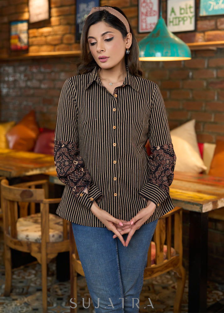 Trendy black cotton striped shirt with ajrakh detaling on sleeves