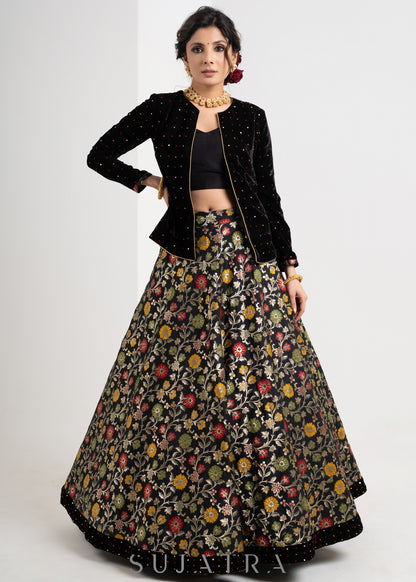 Gorgeous Black Hand Embroidered Velvet & Brocade Combination Lehnga with Jacket
