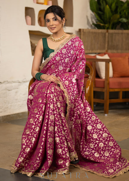 Exquisite Magenta Floral Banarasi Saree Highlighted With Beautiful Scalloped Lace