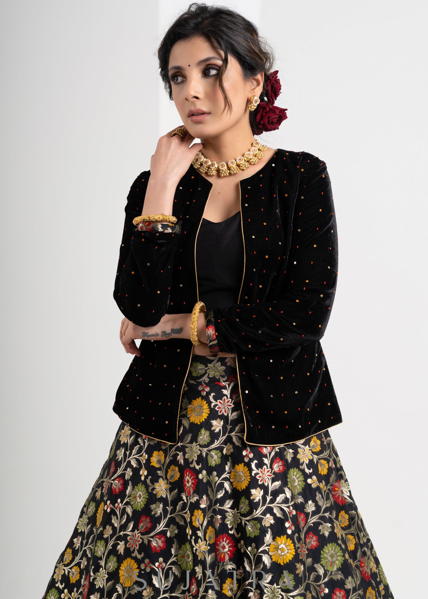 Gorgeous Black Hand Embroidered Velvet & Brocade Combination Lehnga with Jacket
