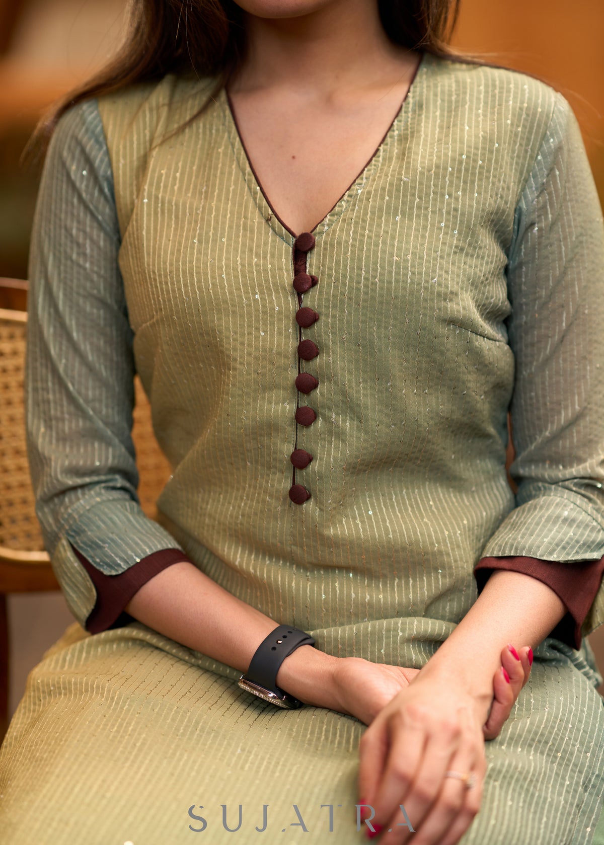 Dussehra Sale — Elegant green Shaded kurta with contrast brown detaling Pant optional