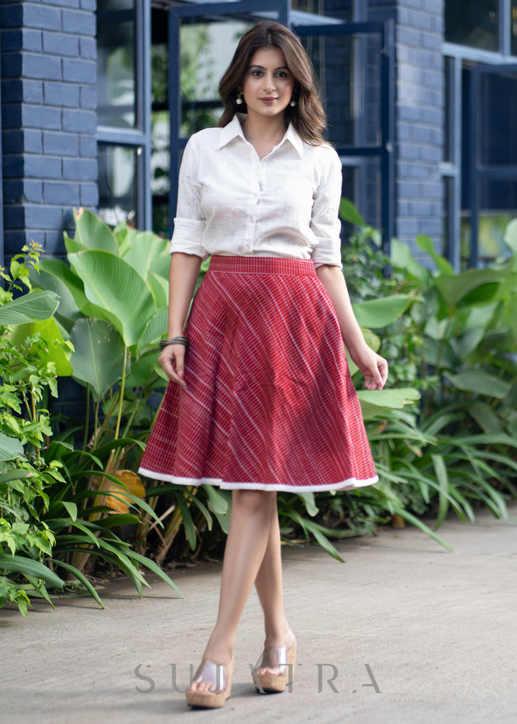 Trendy Red Skirt Cotton White Shirt Optional