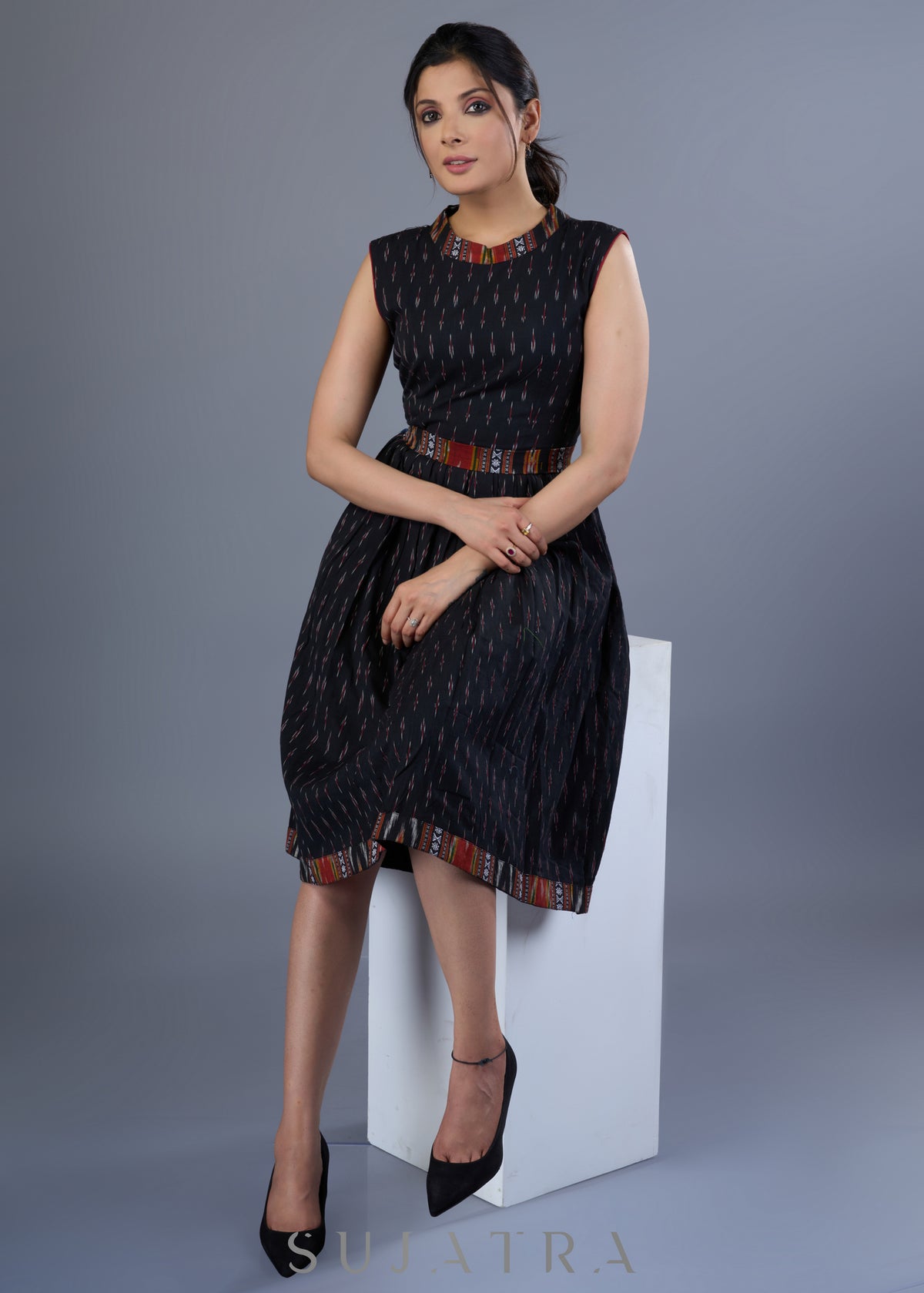 Dussehra Sale — Stylish Black Cotton Ikkat Combination Dress