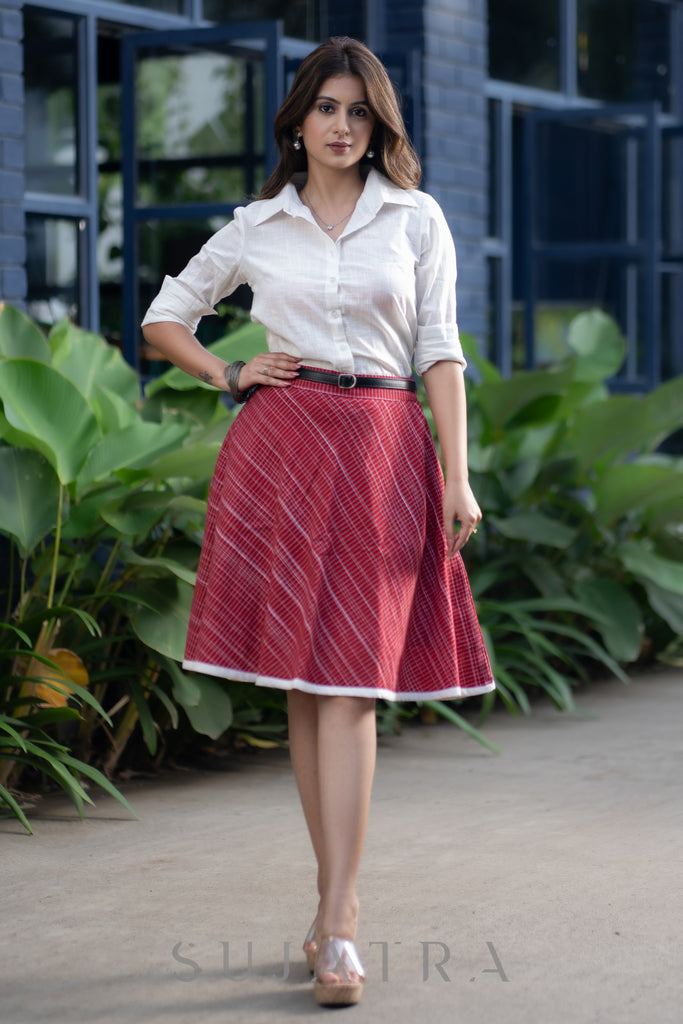 Trendy Red Skirt Cotton White Shirt Optional