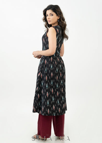 Smart Black Cotton Ikat Sleeveless Kurta - Pant Optional