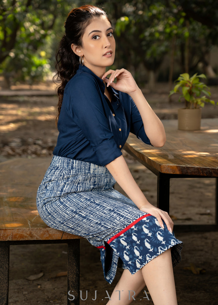 Trendy cotton indigo combination fitted skirt with optional navy blue rayon shirt