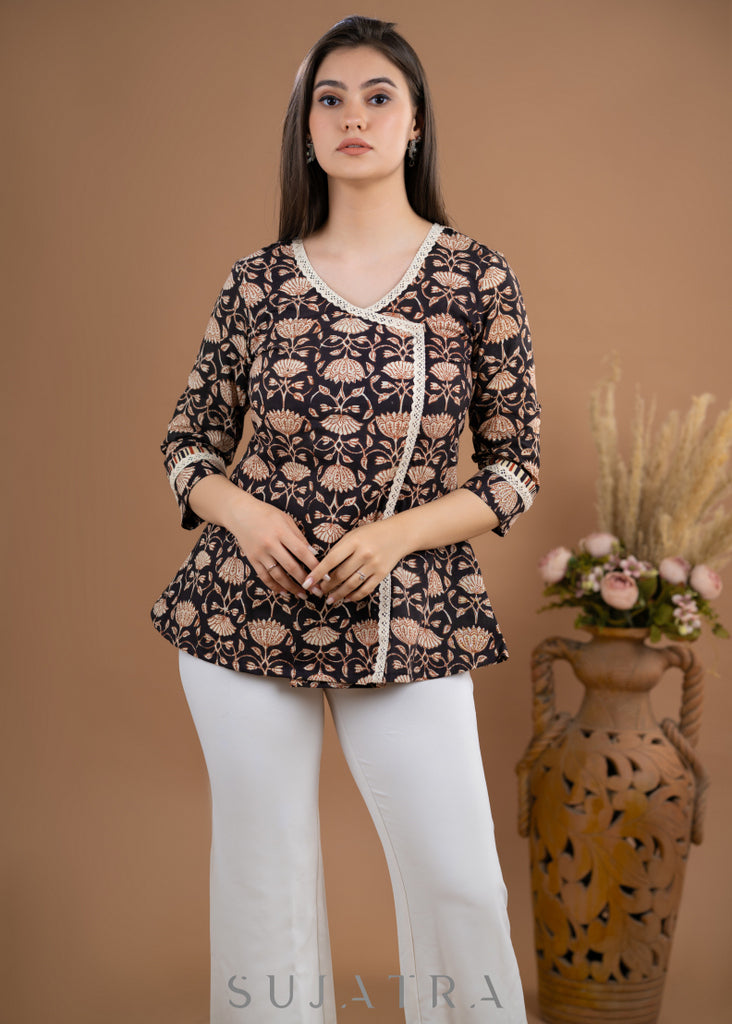 Floral block Printed cotton Top with off white lace