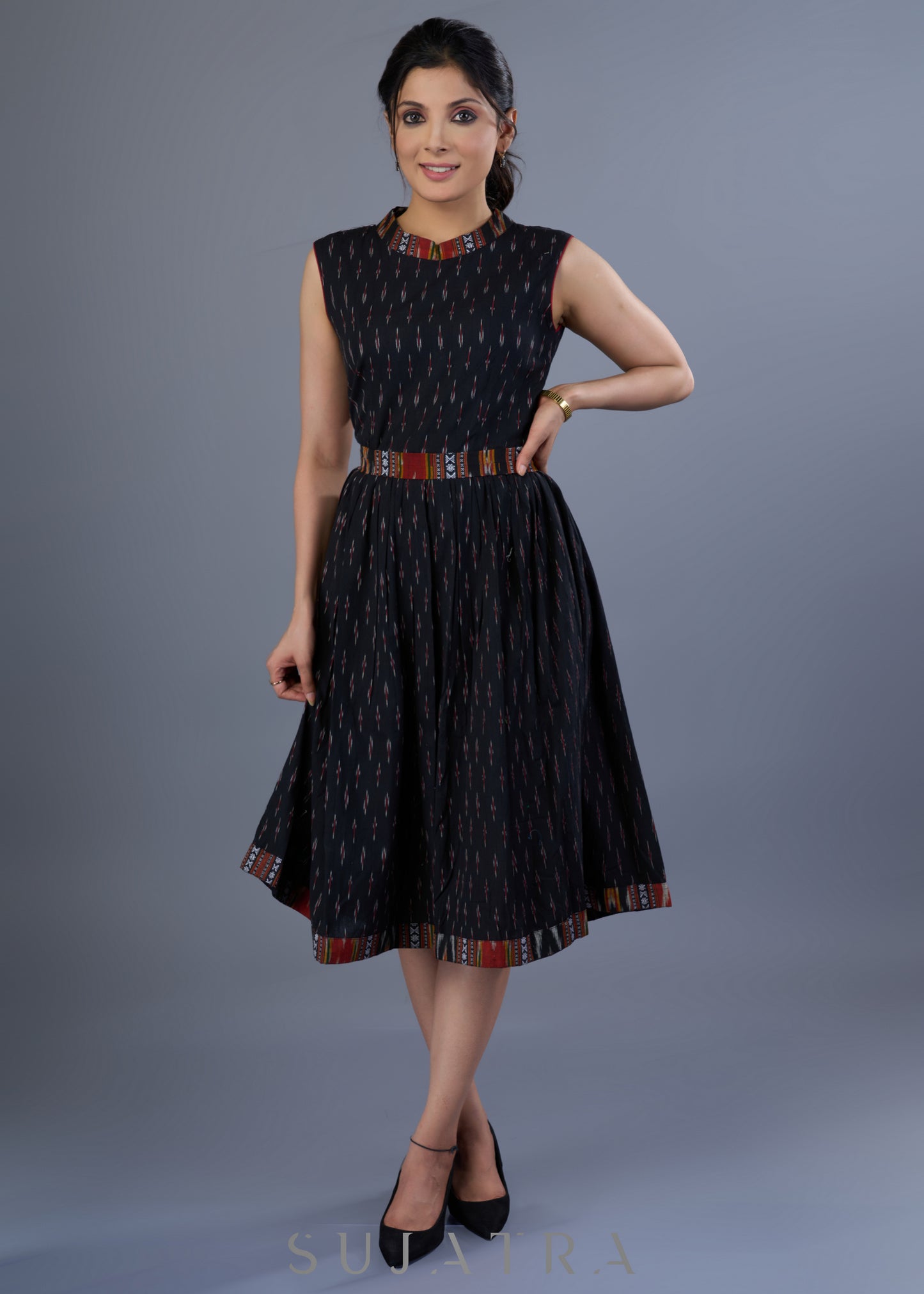 Stylish Black Cotton Ikkat Combination Dress