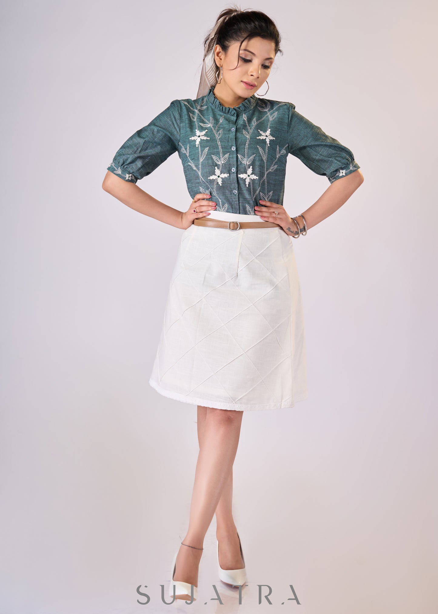 Teal green cotton top with embroidery all over - Skirt Optional