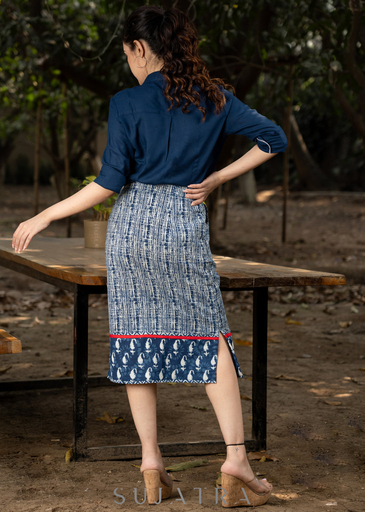 Trendy cotton indigo combination fitted skirt with optional navy blue rayon shirt