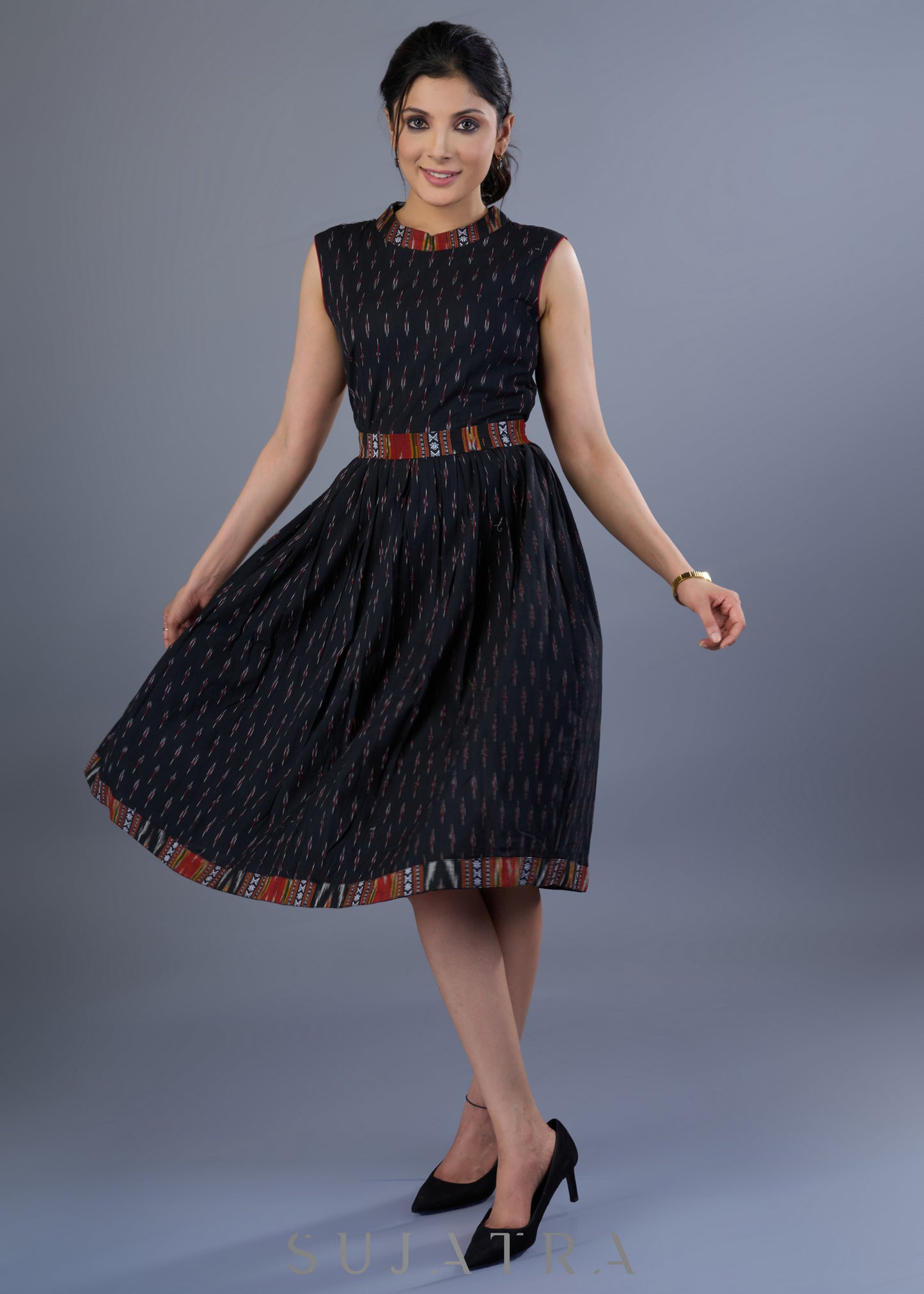 Stylish Black Cotton Ikkat Combination Dress