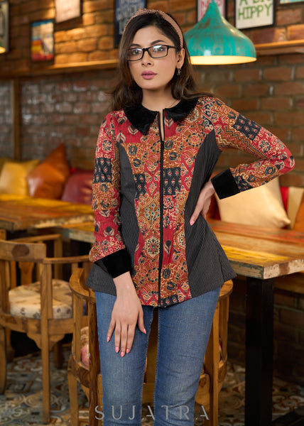 Black & red cotton kantha princess cut shirt with zipper & velvet collar