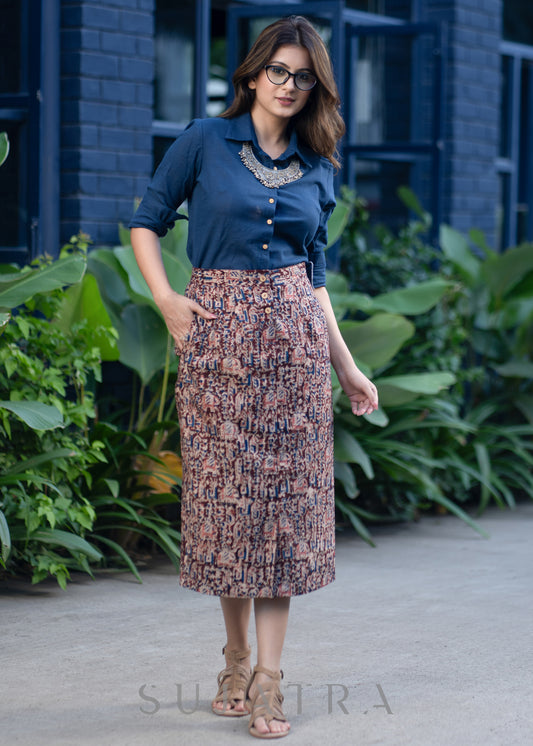 Smart Indo Western Kalamkari Skirt Navy Blue Rayon Shirt Optional