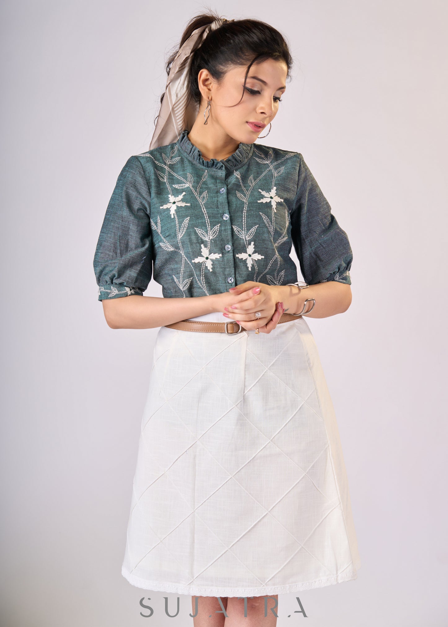 Teal green cotton top with embroidery all over - Skirt Optional