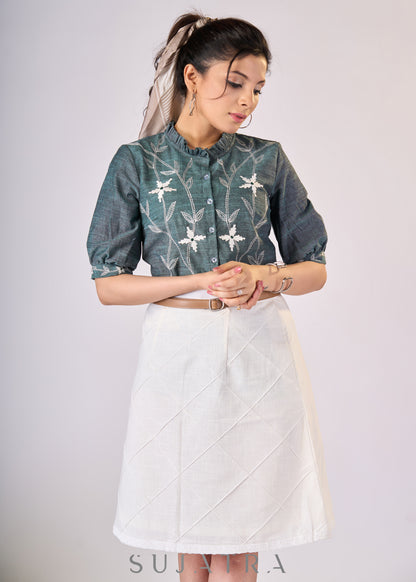 Teal green cotton top with embroidery all over - Skirt Optional