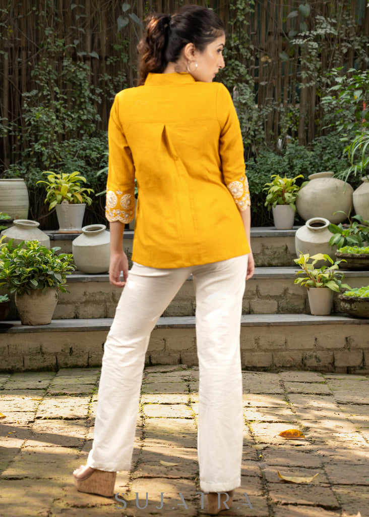 Stylish Mustard Cotton Shirtwith Overall Classy Embroidery Highlightedwith Scalloped Sleeves
