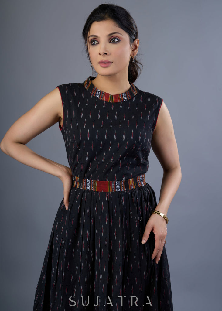 Stylish Black Cotton Ikkat Combination Dress