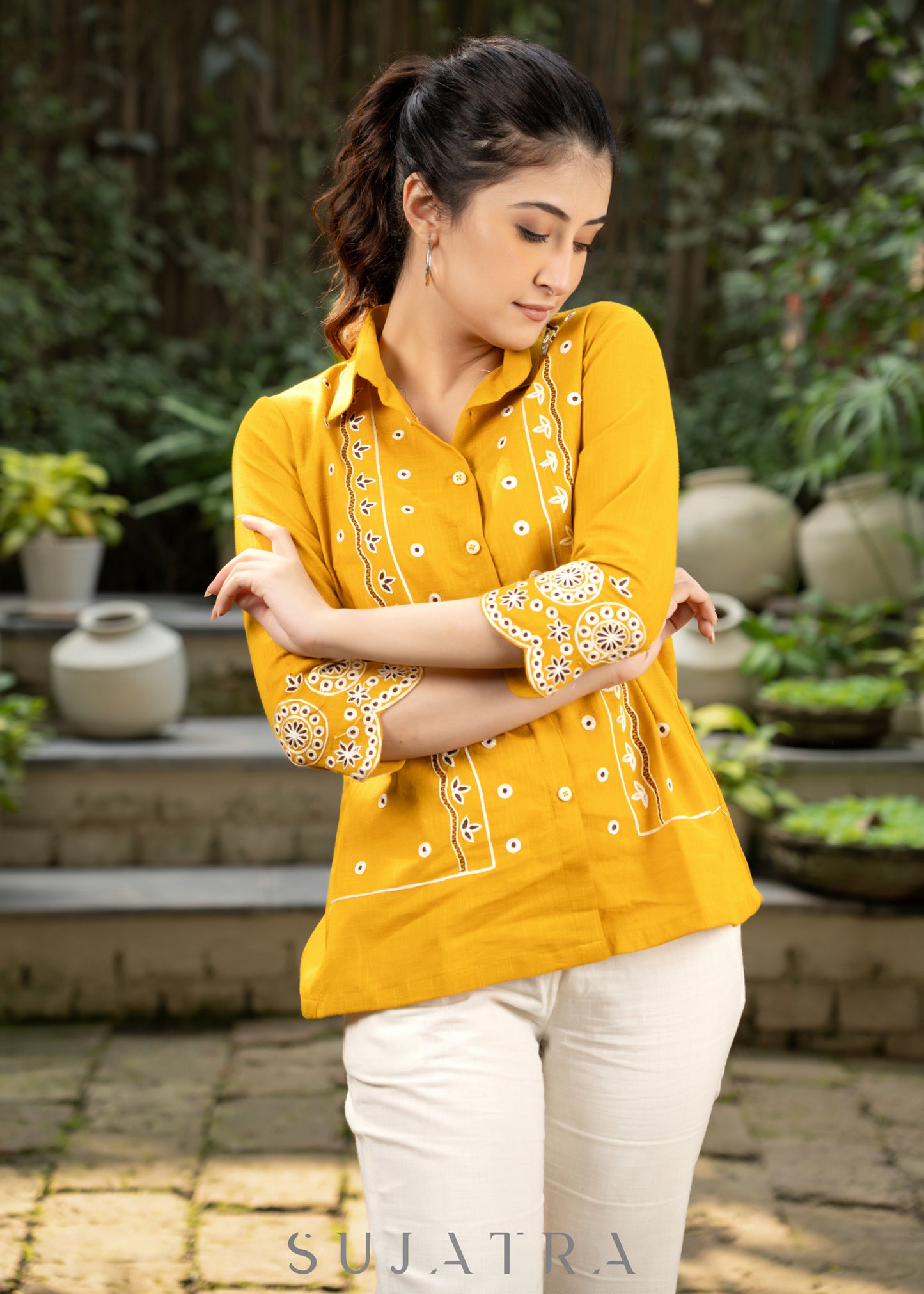 Stylish Mustard Cotton Shirt with Overall Classy Embroidery Highlighted with Scalloped Sleeves