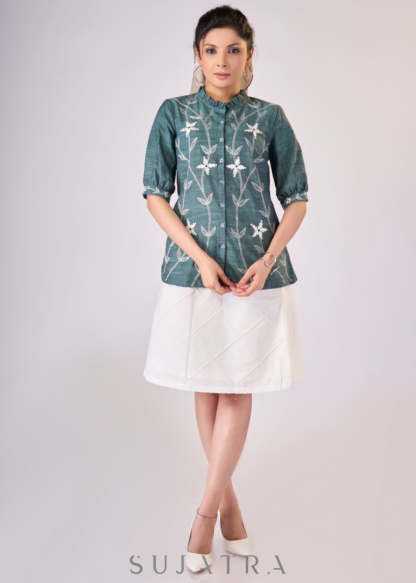 Teal green cotton top with embroidery all over - Skirt Optional