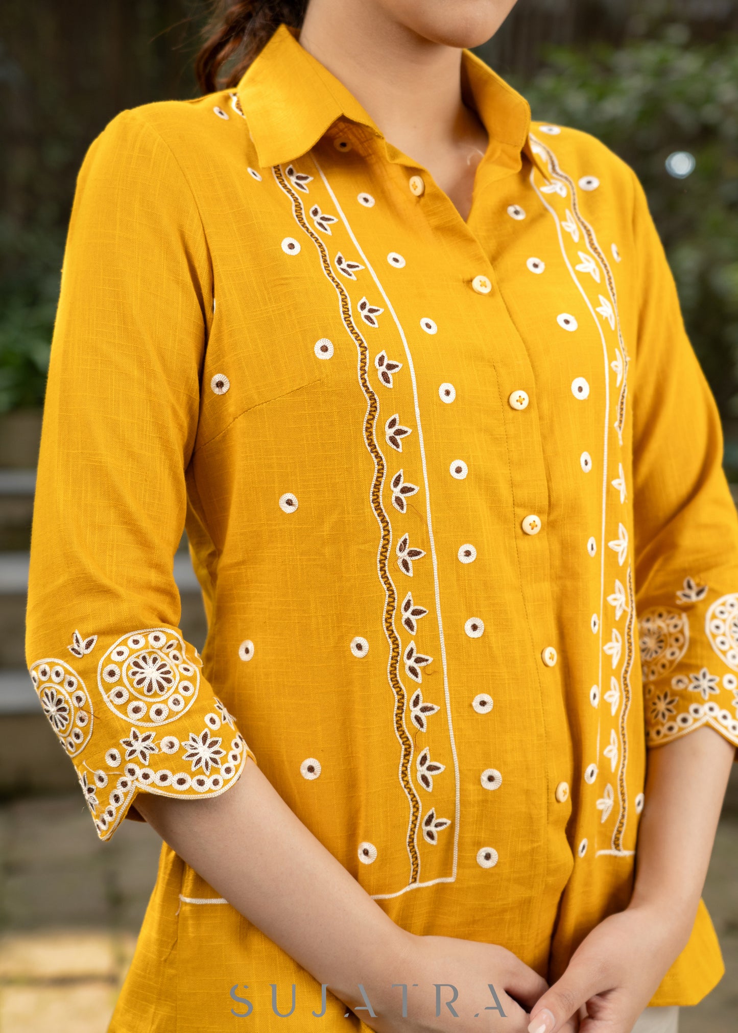 Stylish Mustard Cotton Shirt with Overall Classy Embroidery Highlighted with Scalloped Sleeves
