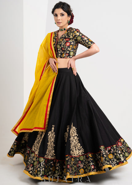 Elegant Black Cotton silk lehenga with brocade blouse & Contract dupatta with delicate Embroidery