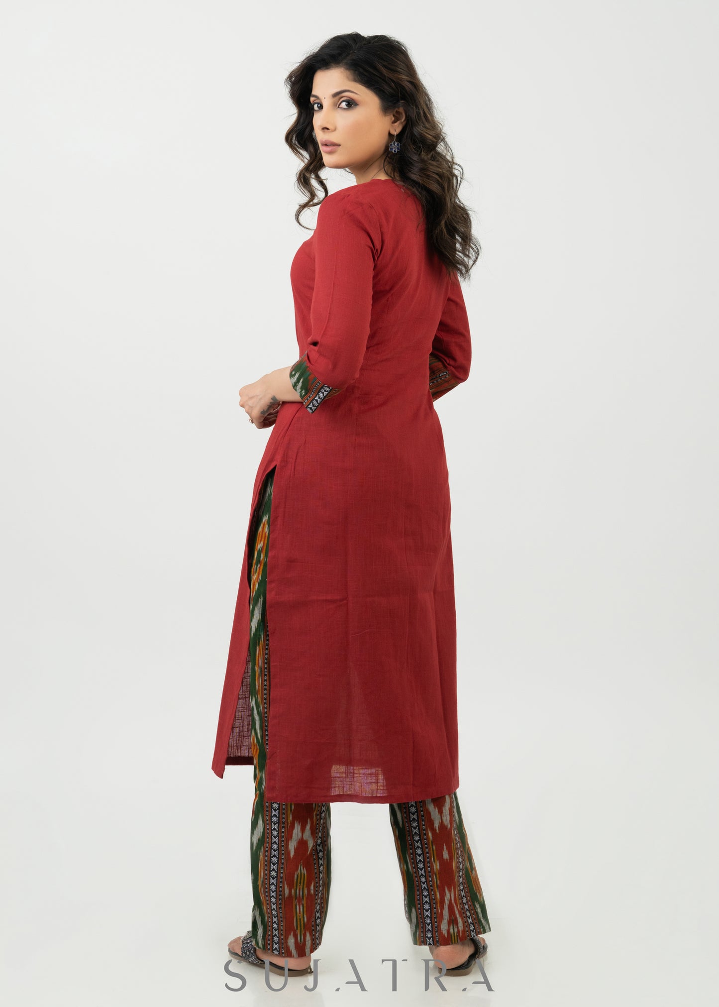 Trendy Maroon Cotton Ikat Combination Kurta - Ikat Pant Optional
