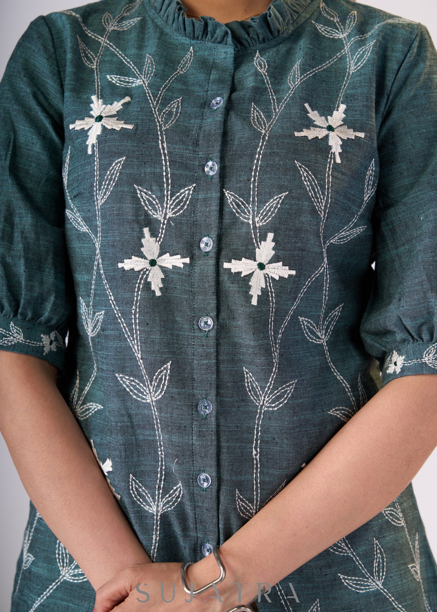 Teal green cotton top with embroidery all over - Skirt Optional