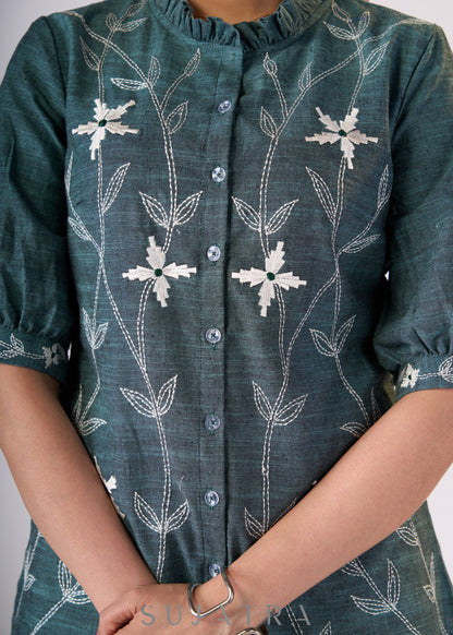 Teal green cotton top with embroidery all over - Skirt Optional