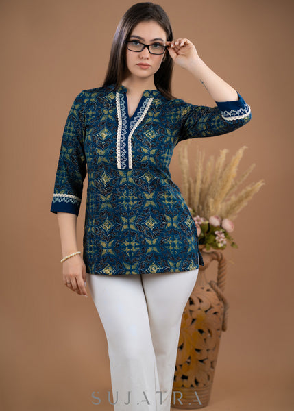 Pure cotton Ajrak top with handpainting on placket and sleeves