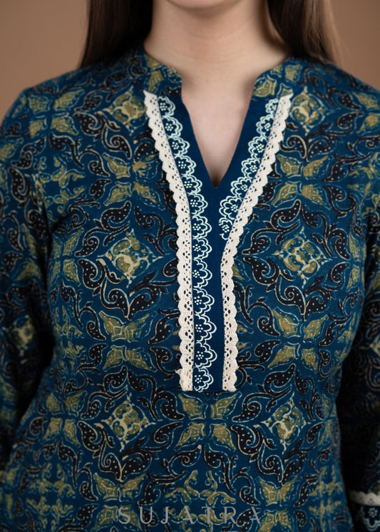 Pure cotton Ajrak top with handpainting on placket and sleeves