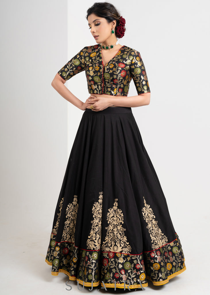 Elegant Black Cotton silk lehenga with brocade blouse & Contract dupatta with delicate Embroidery