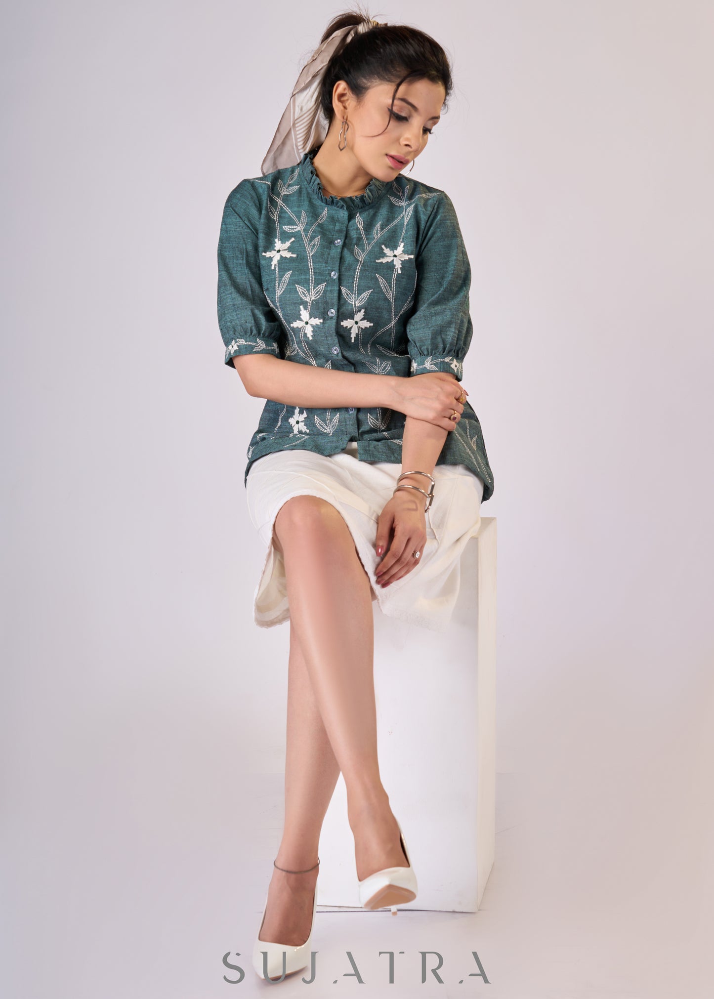 Teal green cotton top with embroidery all over - Skirt Optional