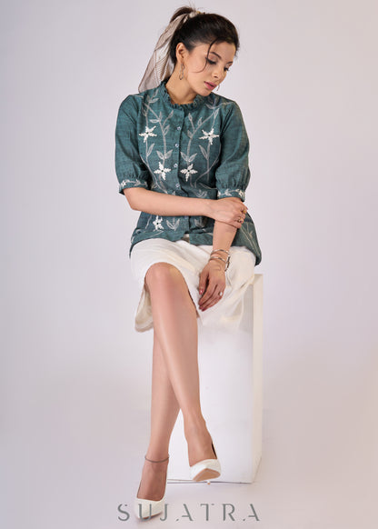 Teal green cotton top with embroidery all over - Skirt Optional