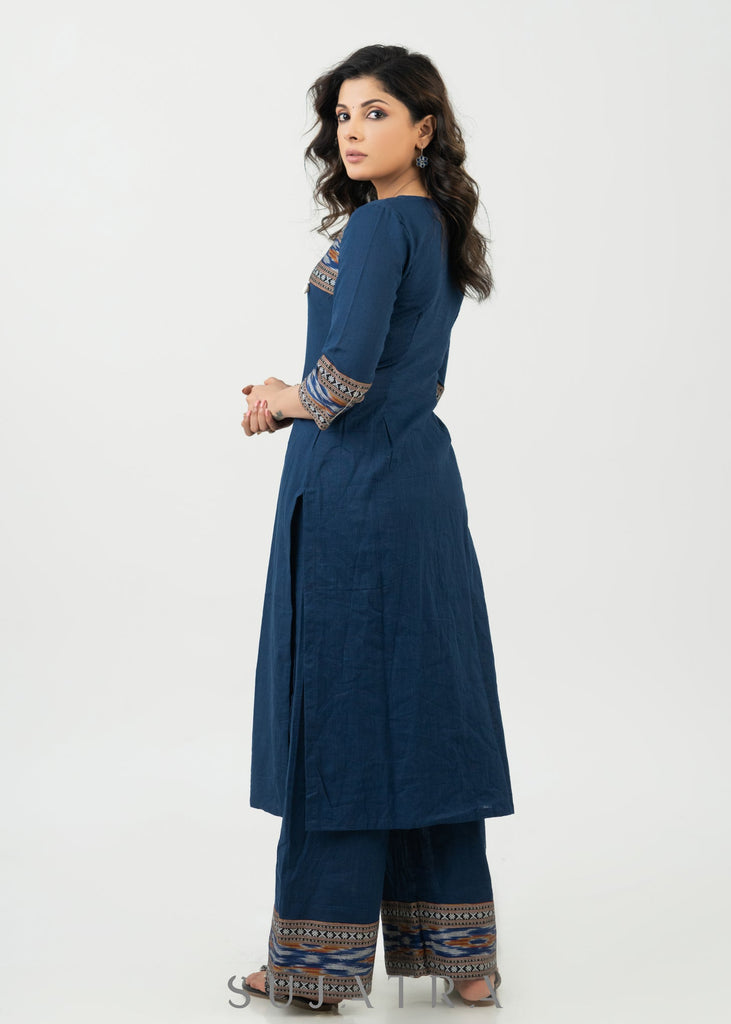 Stylish Navy Blue Cotton Ikat Combination Kurta - Pant Optional