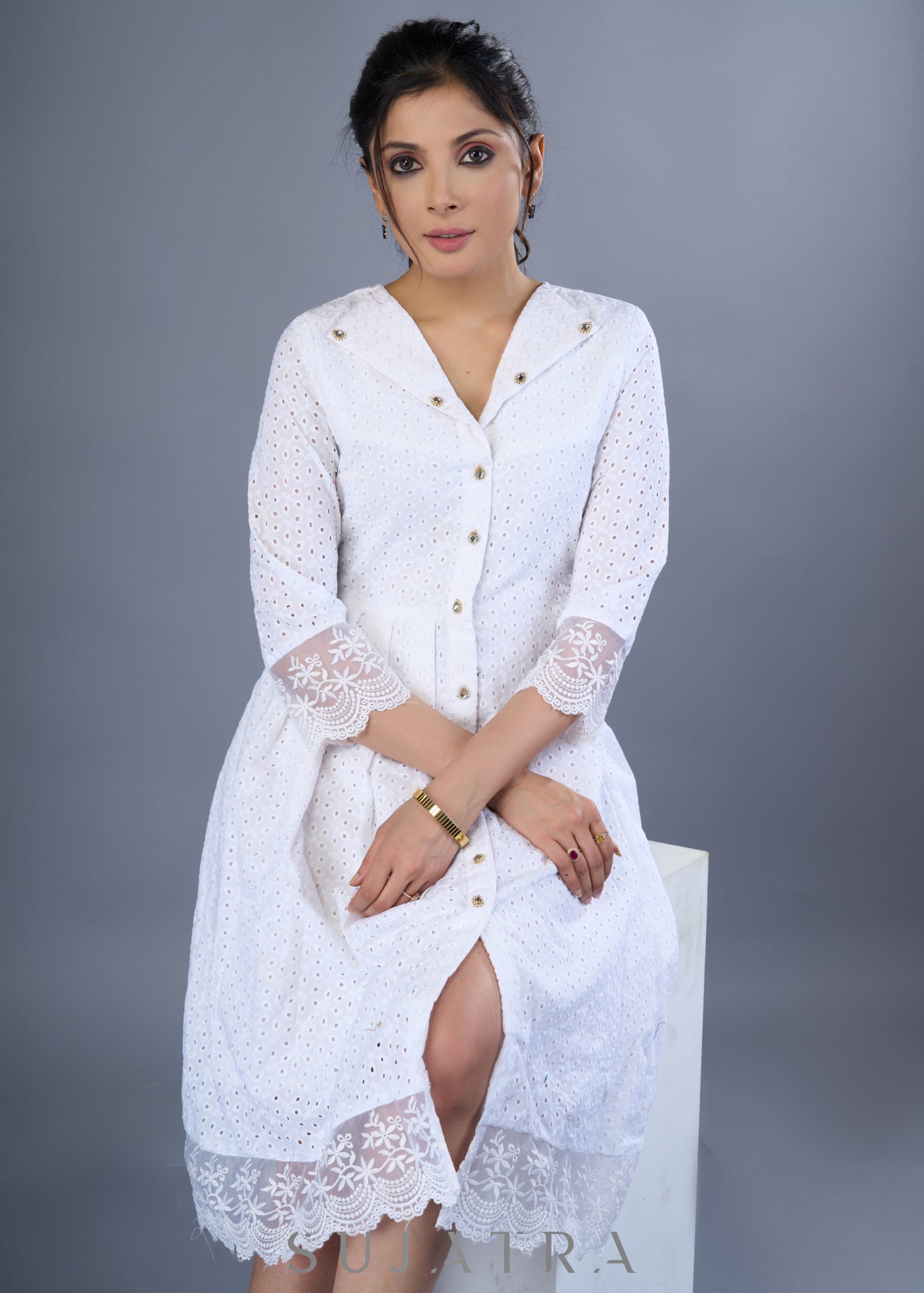 Elegant White Hakoba Pleated Dress