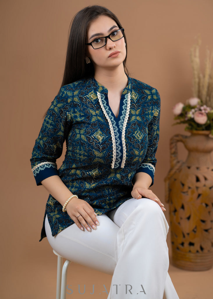 Pure cotton Ajrak top with handpainting on placket and sleeves