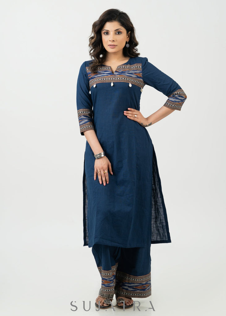 Stylish Navy Blue Cotton Ikat Combination Kurta - Pant Optional