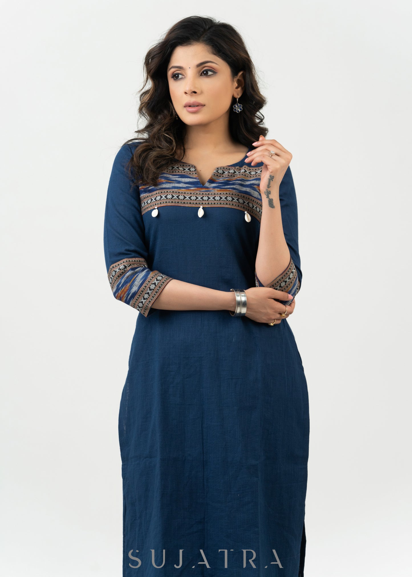 Stylish Navy Blue Cotton Ikat Combination Kurta - Pant Optional