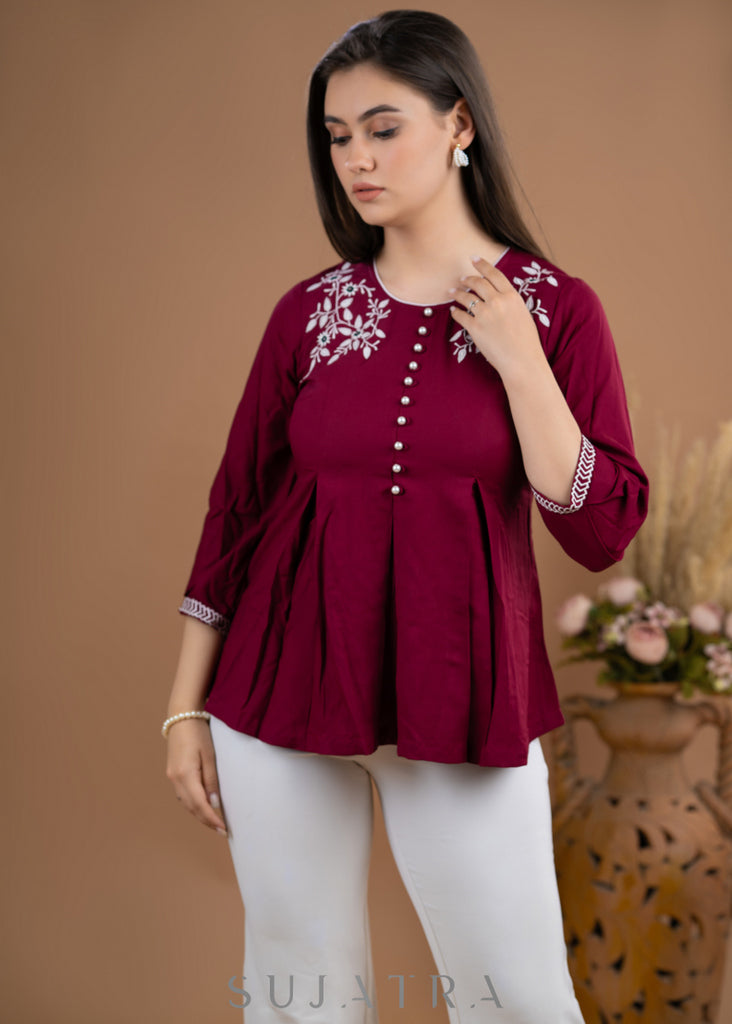 Embroidered Maroon Rayon pleated top